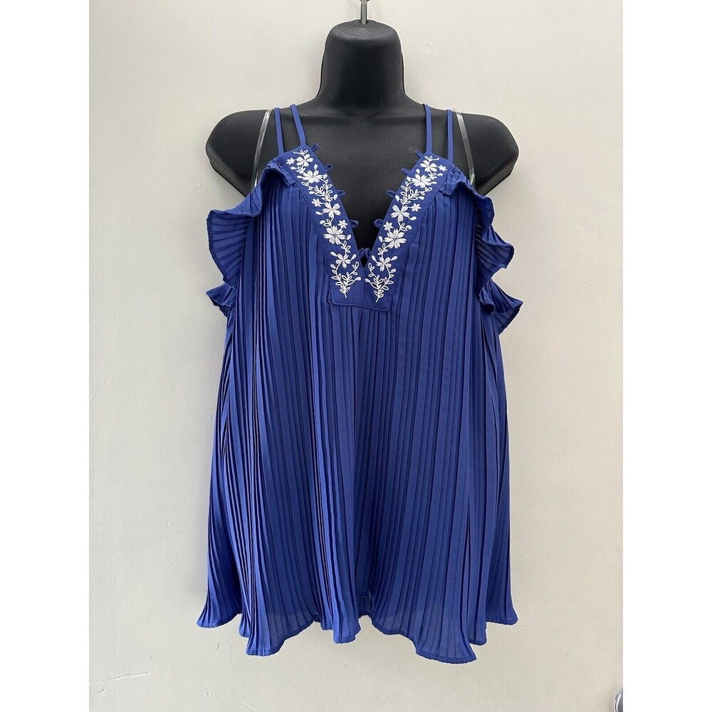 Takara Women's Large Embroidered Floral Pleated Blue V-Neck Tank Top Sleeveless